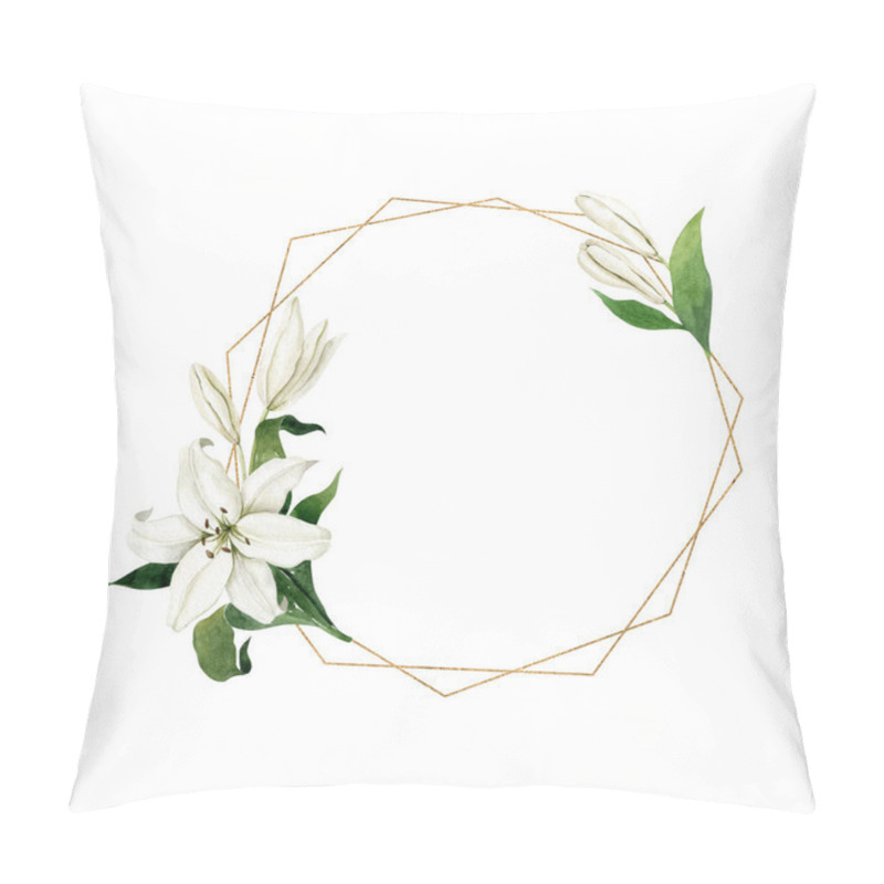 Personality  Watercolor White Lilies With Thin Round Golden Geometric Frame Isolated On White Background. Hand Drawn Clipart For Wedding Invitations, Greeting Cards, Birthday Invitations. Pillow Covers