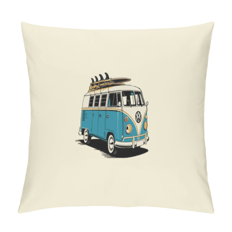 Personality  Classic Cars Carrying Surf Boards Past The Beach Vector Flat Design Pillow Covers