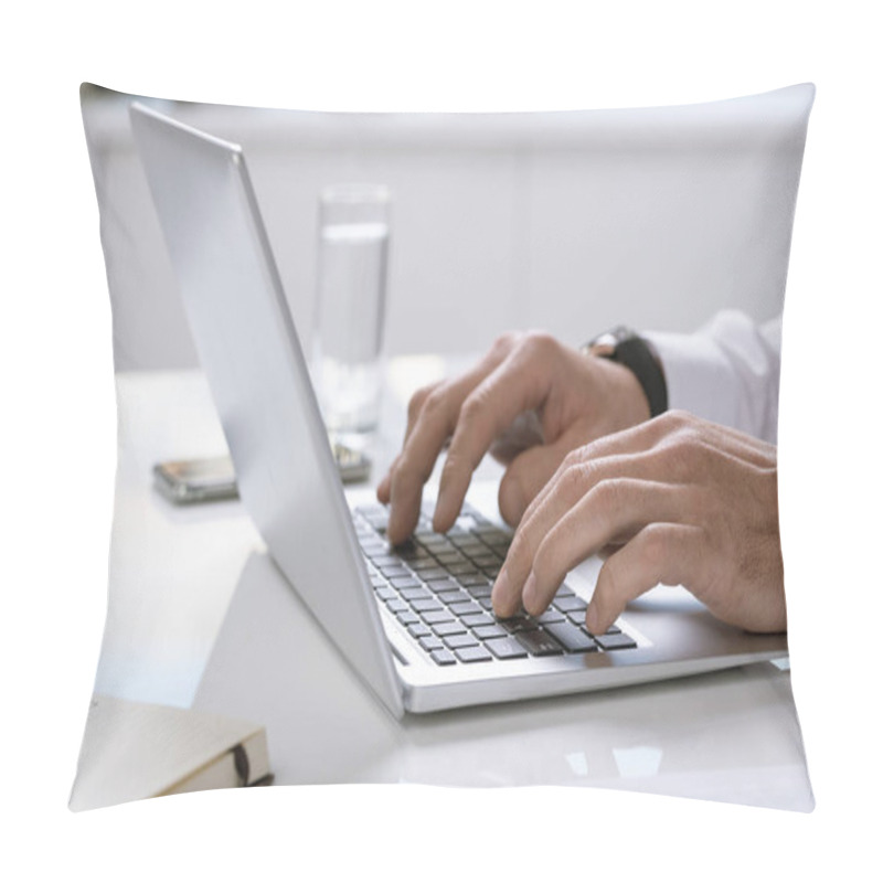 Personality  Hands Of Contemporary Businessman Or Entrepreneur Touching Keys Of Laptop Keypad While Working With Online Data Pillow Covers