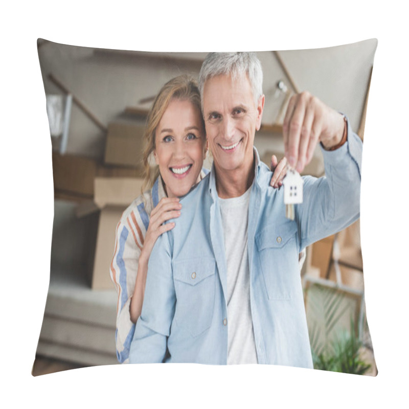 Personality  Happy Elderly Couple Holding Keys From New House And Smiling At Camera  Pillow Covers