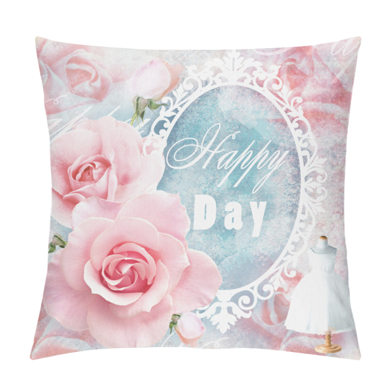 Personality  Holiday Tender Floral Card In Pink Tones With Roses, Mirror And Text Field. Wedding Theme.  Used For Greeting Cards, Invitations, Banners, Wraps, Textile,wallpaper, Web Page Background. Pillow Covers