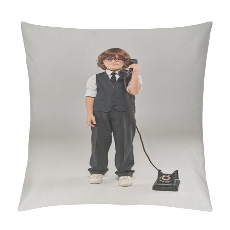 Personality  Well-dressed Young Gentleman In Elegant Vest With Tie And Glasses Holding Retro Telephone On Grey Pillow Covers