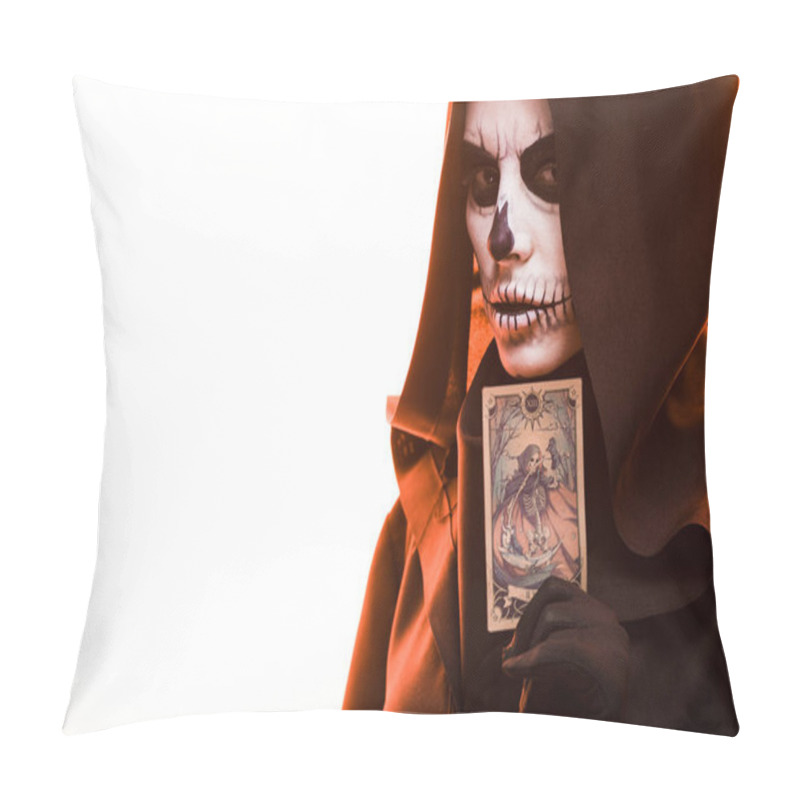 Personality  KYIV, UKRAINE - APRIL 18, 2019: Woman With Skull Makeup Holding Tarot Card Isolated On White Pillow Covers