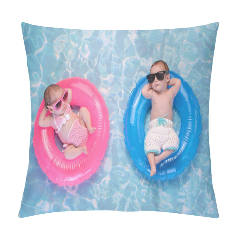 Personality  Baby Twin Boy And Girl Floating On Swim Rings Pillow Covers