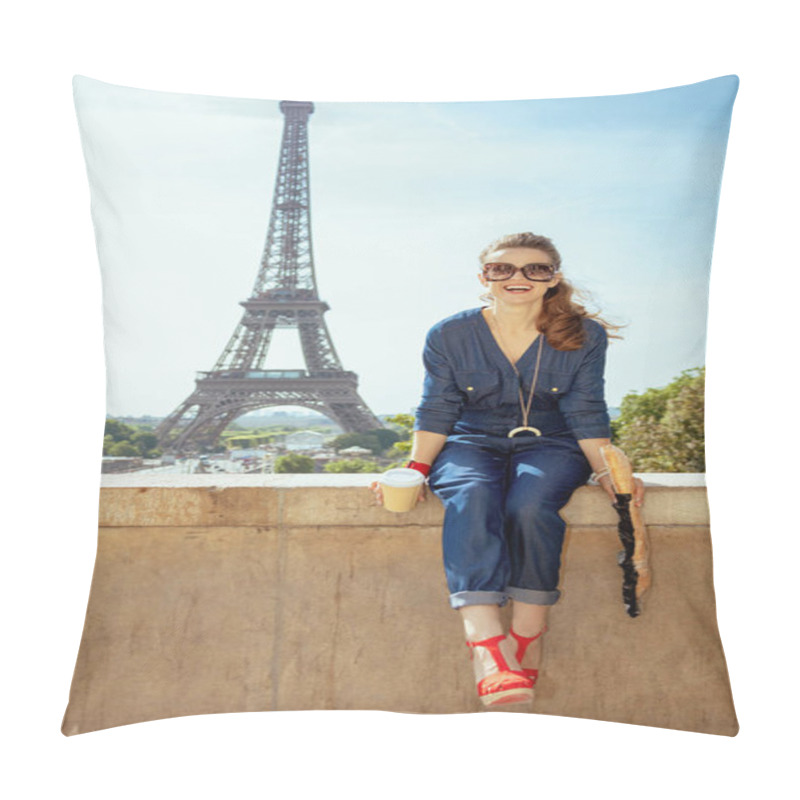 Personality  Portrait Of Happy Trendy Tourist Woman In Blue Jeans Overall With Coffee Cup And Baguette Having Excursion Against Clear View Of The Eiffel Tower In Paris, France. Pillow Covers