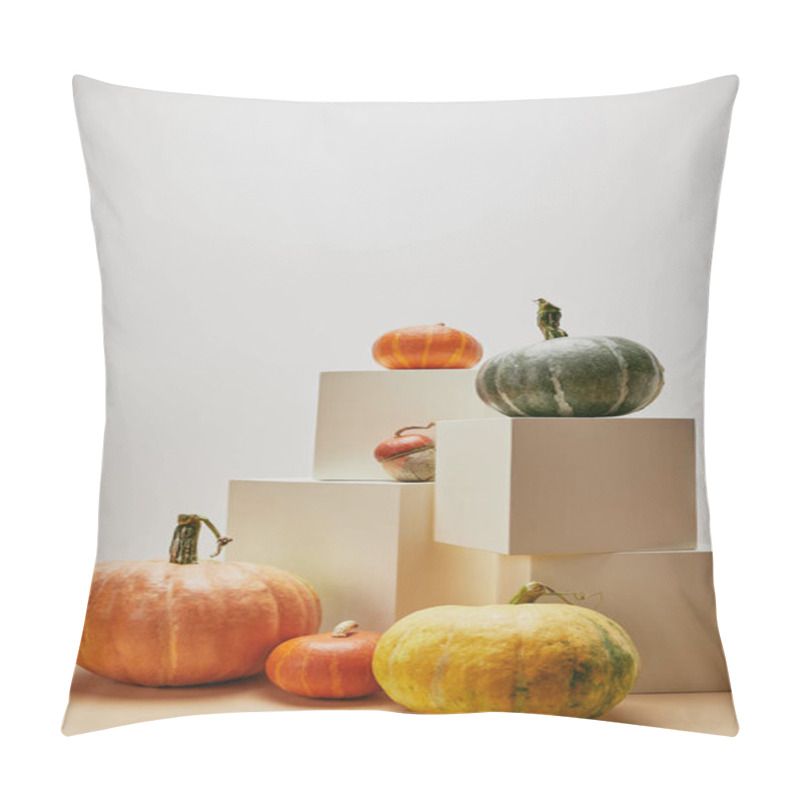 Personality  Autumnal Decoration With Orange, Yellow And Green Pumpkins On Cubes And Table Pillow Covers