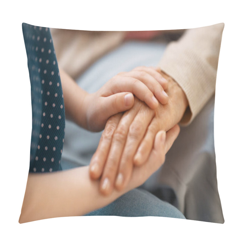 Personality  Granddaughter Supporting Her Grandmother. Hands Close Up. Pillow Covers