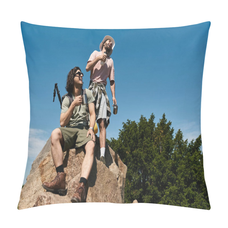 Personality  A Young Gay Couple Hikes Together In The Wilderness On A Sunny Summer Day. Pillow Covers