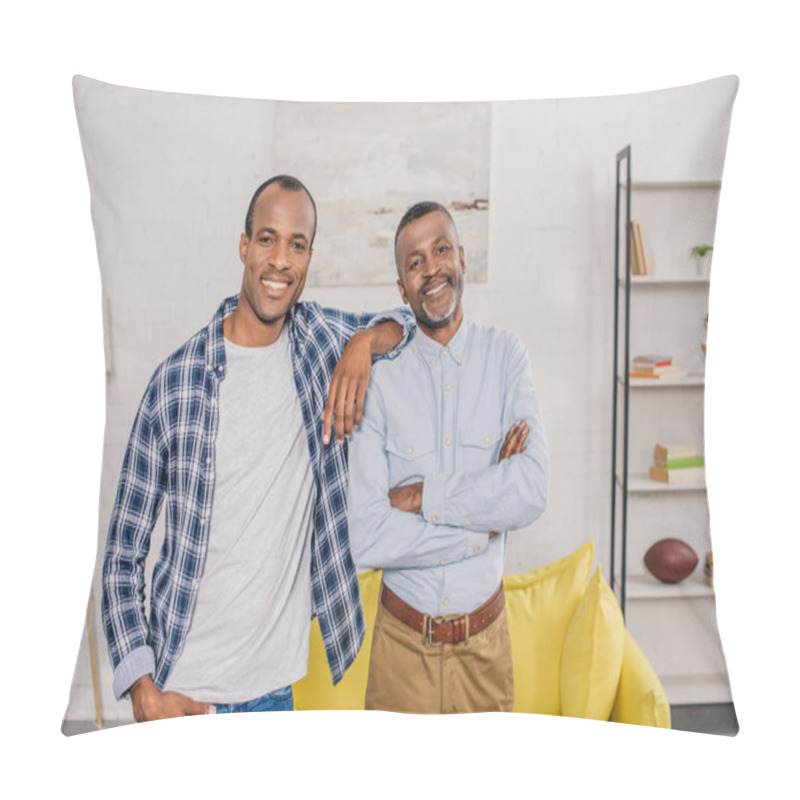 Personality  Happy African American Father And Adult Son Standing Together And Smiling At Camera At Home Pillow Covers