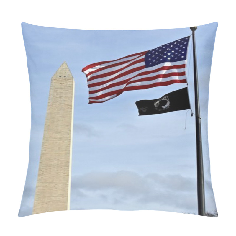 Personality  USA Flag Next To POW MIA Flag With Washington Monument In The Background Pillow Covers