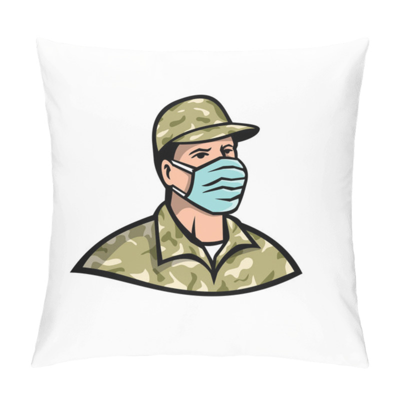 Personality  Mascot Icon Illustration Of Bust Of A Soldier, Military Serviceman, Personnel Or Essential Worker Wearing A PPE, Protective Personal Equipment Face Surgical Mask On Isolated Background In Retro Style. Pillow Covers