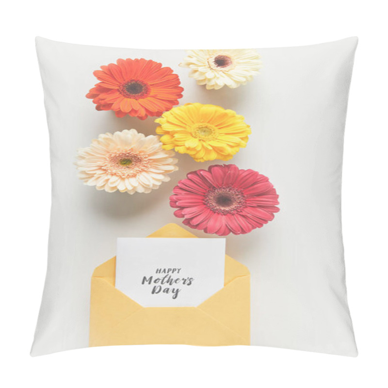 Personality  Top View Of Beautiful Tender Gerbera Flowers And Envelope With Happy Mothers Day Greeting Card On Grey Pillow Covers