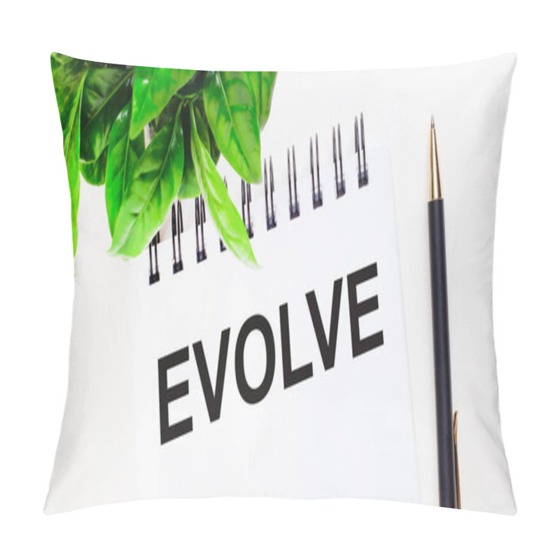 Personality  On A White Background A Green Plant, A White Notebook With The Inscription EVOLVE And A Pen Pillow Covers