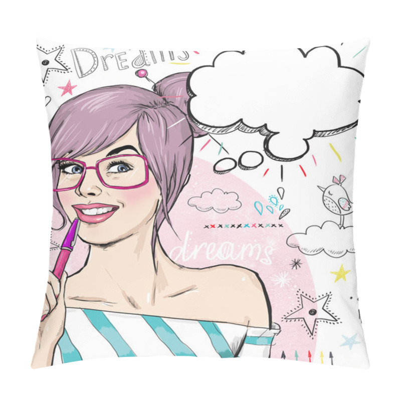 Personality  Fashion Sketch Illustration Girl With Pen In The Hand With Speech Bubble. Student Girl. Youth. Young Student At The Lesson. Young Girl With Thought Bubble. Youth Style Poster. Clever And Curious Girl. Pillow Covers