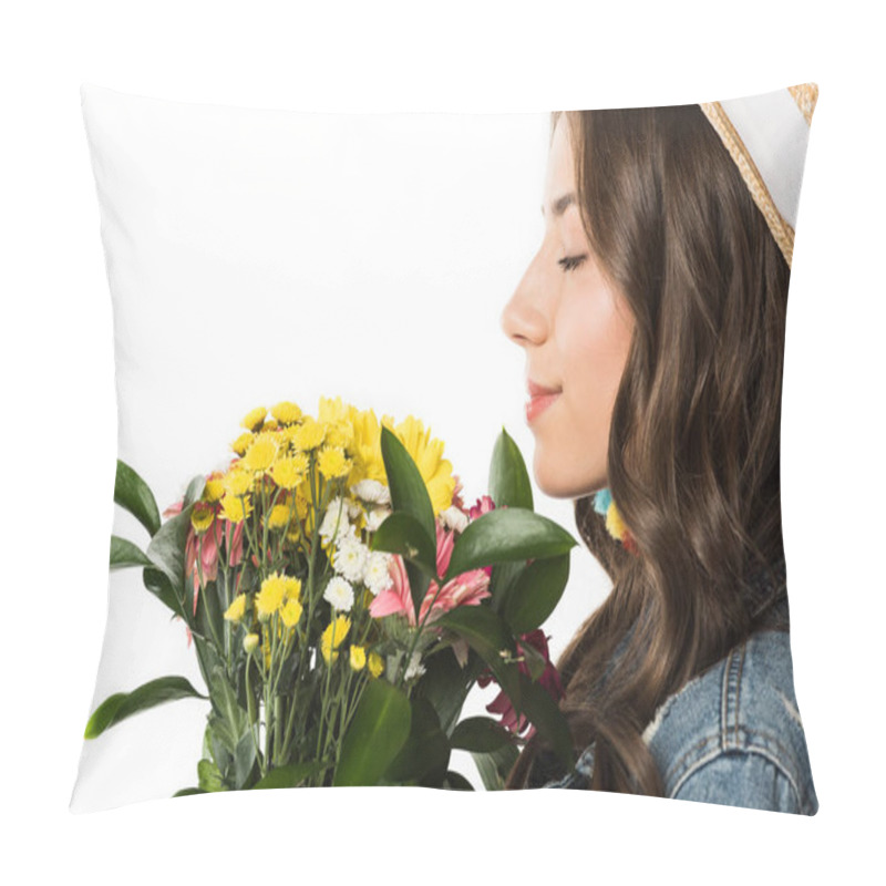 Personality  Side View Of Boho Girl In Straw Hat Holding Flowers With Closed Eyes Isolated On White Pillow Covers