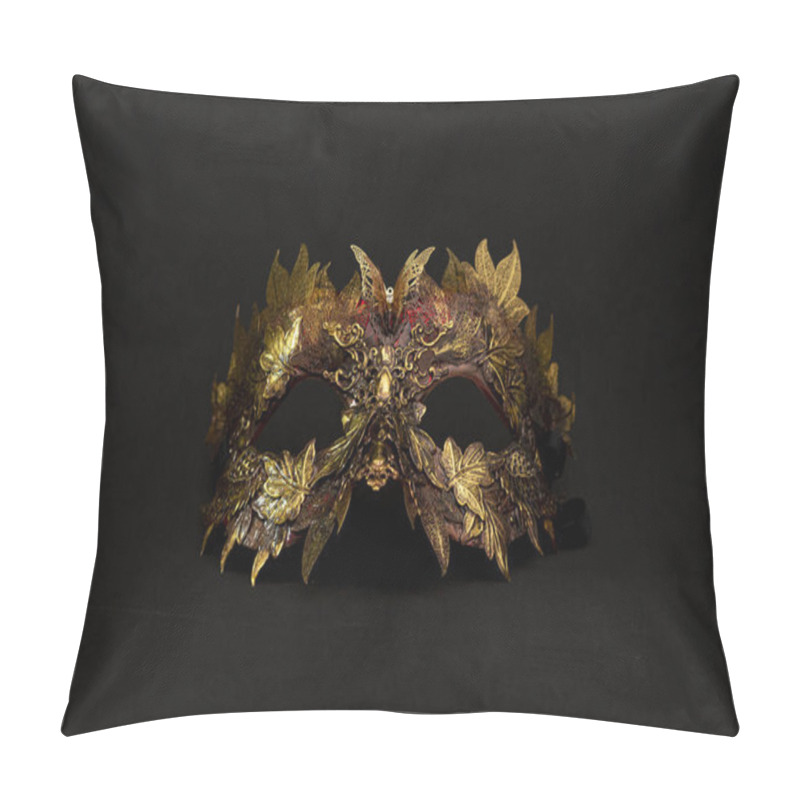 Personality  Venetian Mask In Gold And Red With Metallic Pieces In The Form Of Leaves. Original And Unique Design, Handmade Crafts Pillow Covers