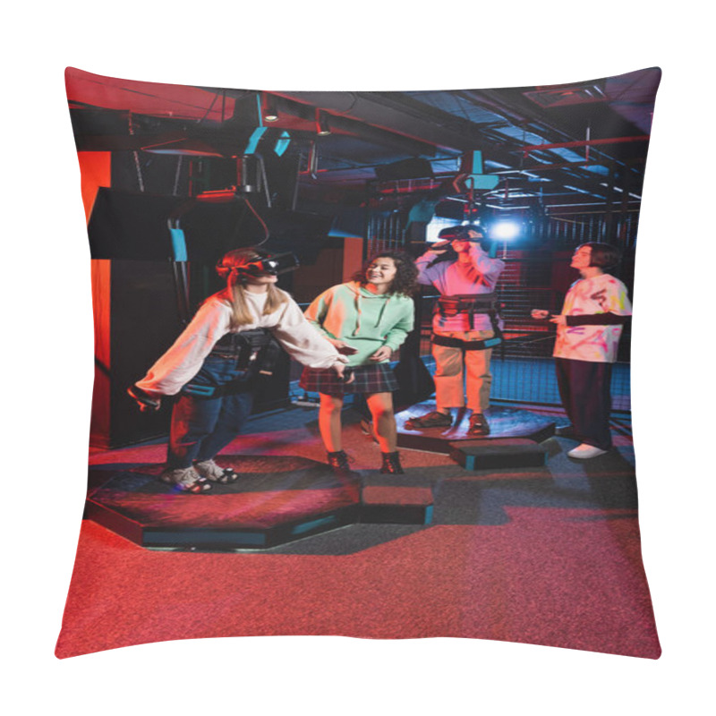 Personality  Cheerful Interracial Teenagers Near Friends Gaming On Vr Platform Pillow Covers