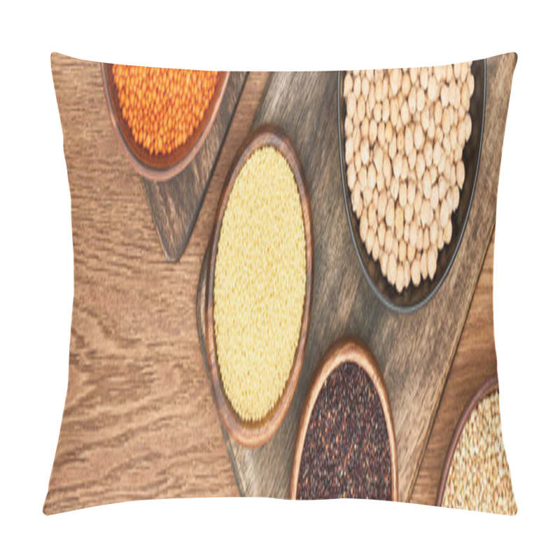 Personality  Panoramic Shot Of Bowls With Couscous, Red Lentil, Chickpea And Black Quinoa On Wooden Cutting Boards Pillow Covers