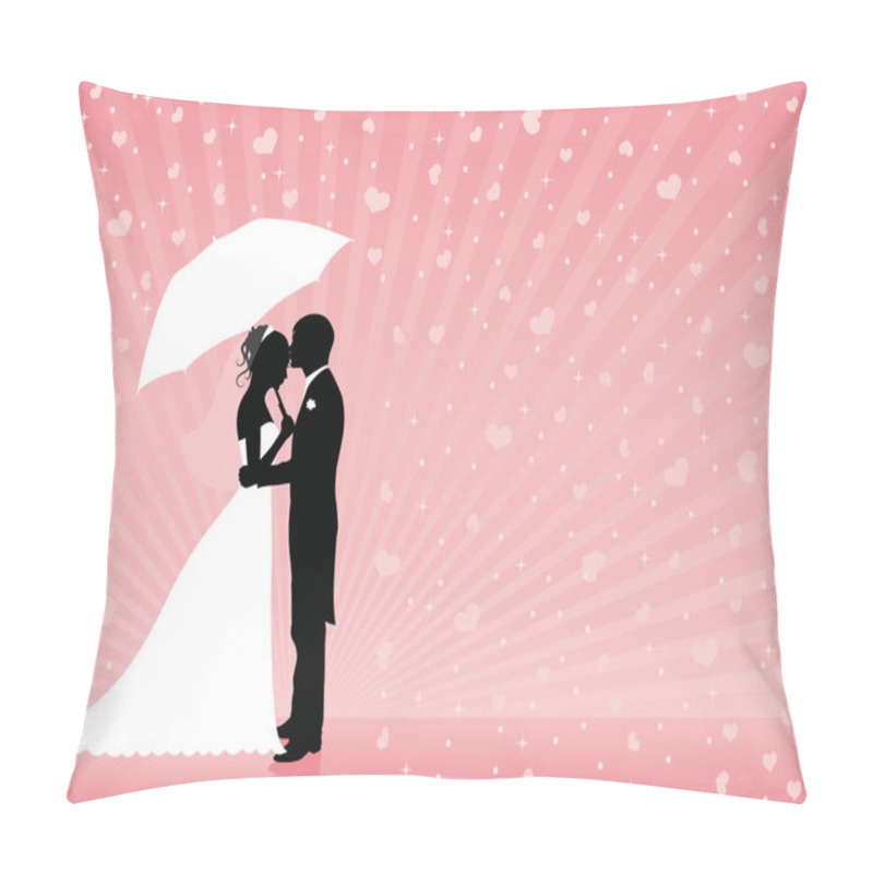 Personality  Silhouettes Of Groom And Bride Standing And Hugging On The Pink Background. Groom Holding An Umbrella. Raining Hearts. Pillow Covers