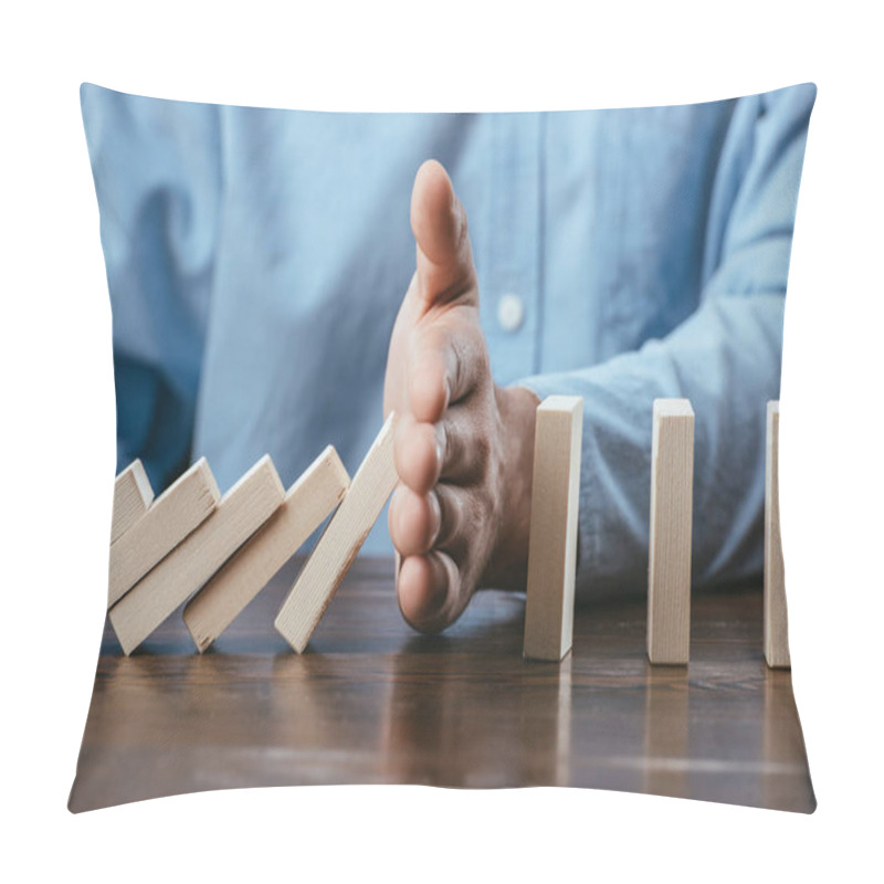 Personality  Close Up View Of Man Sitting At Desk And Preventing Wooden Blocks From Falling  Pillow Covers