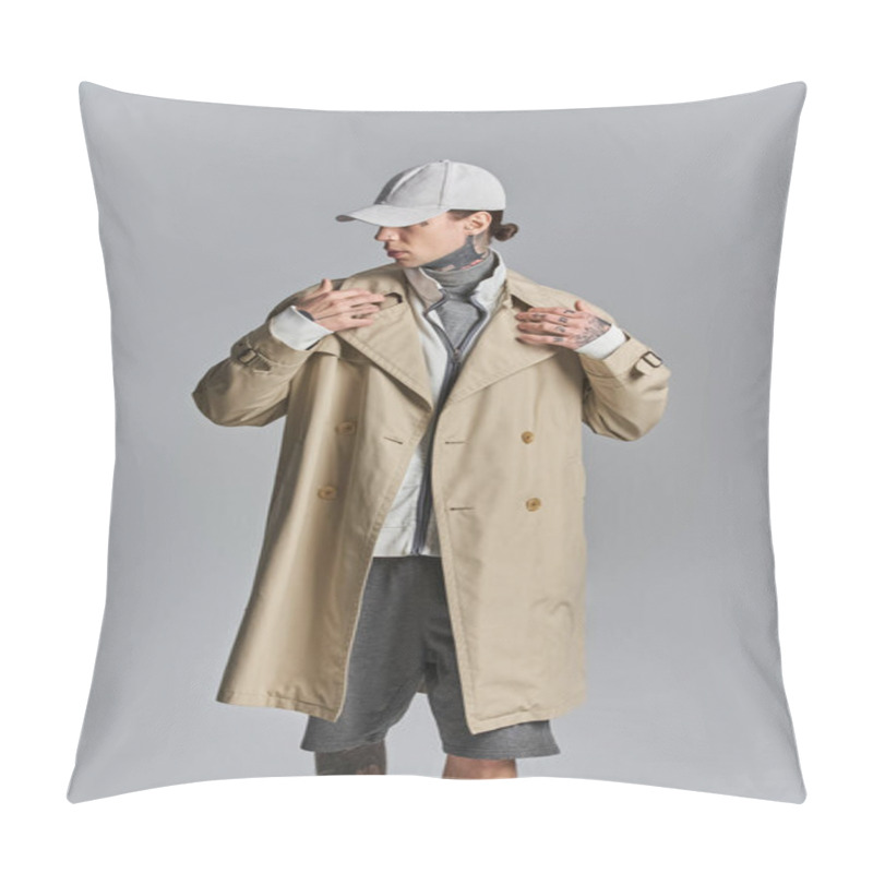 Personality  A Young, Tattooed Man Stands In A Trench Coat And Hat, Exuding Mystery And Intrigue. Pillow Covers