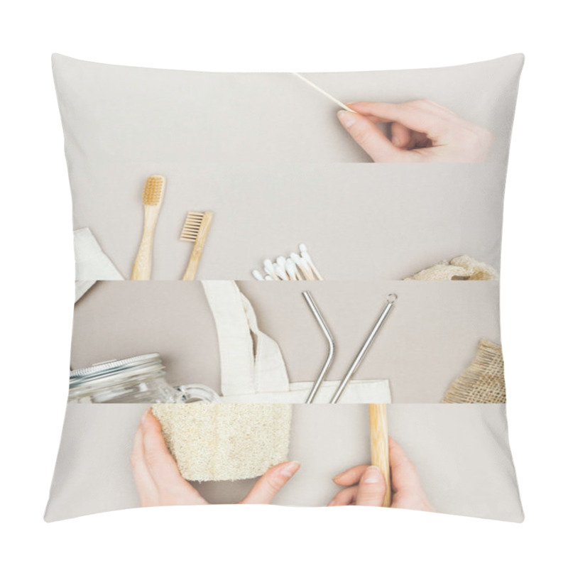 Personality  Collage Of Woman Holding Cotton Swab, Loofah, Wooden Toothbrushes, Metallic Straws, Bag And Glass Bottle, Eco Friendly Concept  Pillow Covers