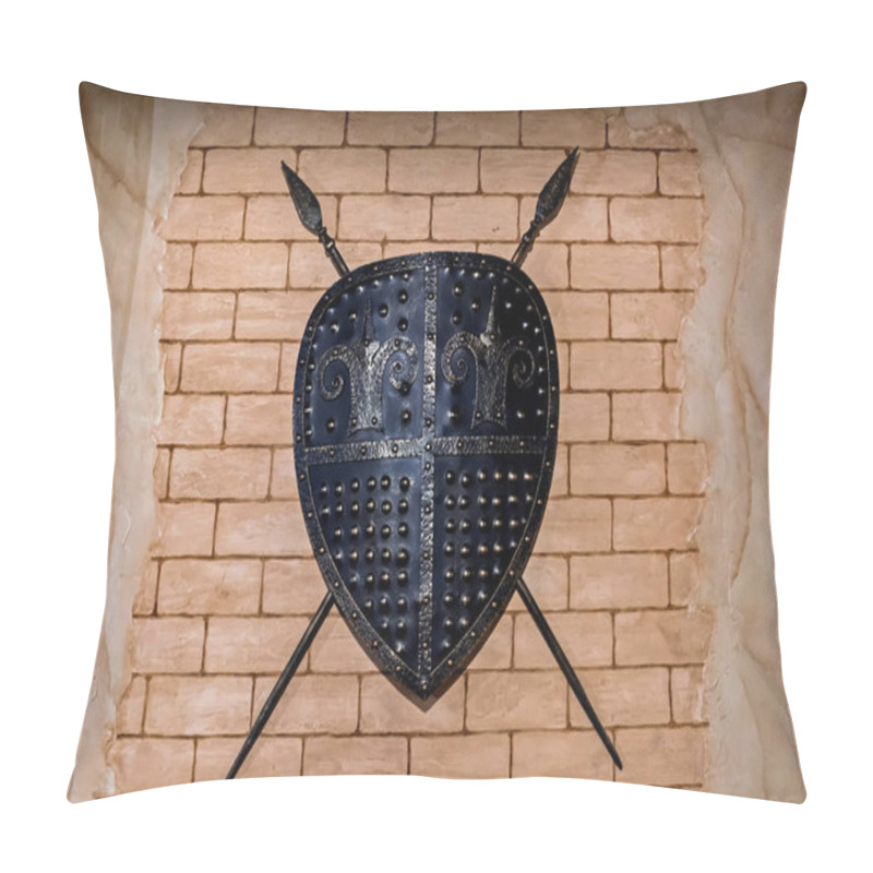 Personality  A Black Shield With A Decorative Design Hanging On A Brick Wall Pillow Covers