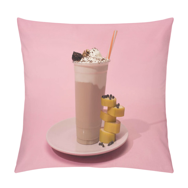 Personality  Disposable Cup Of Milkshake With Drinking Straw, Cut Banana And Chocolate Chips On Plate On Pink Background Pillow Covers