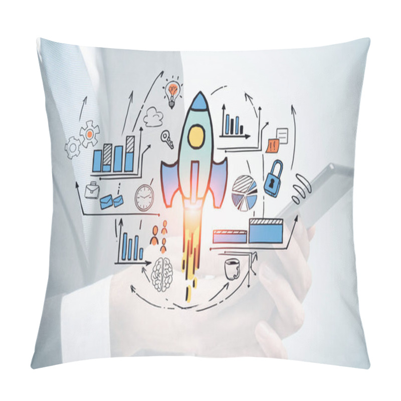 Personality  Hands Of Businessman Using Smartphone Over Blurry White Background With Double Exposure Of Colorful Startup Sketch. Concept Of New Project Launch. Toned Image Pillow Covers