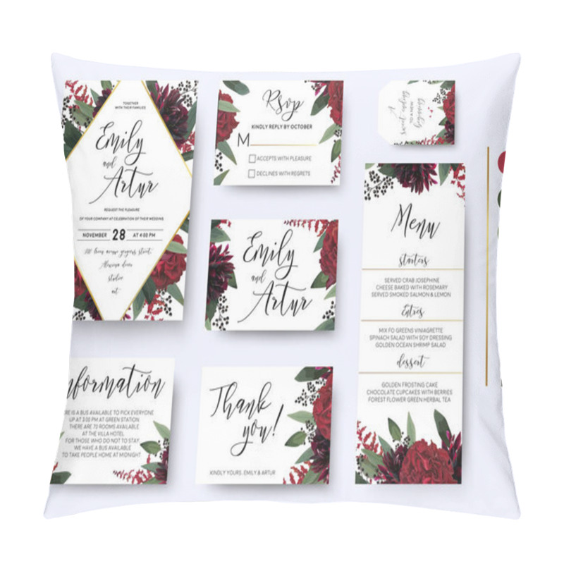 Personality  Wedding Invite, Invitation Save The Date Rsvp Thank You Information Cards Set. Vector Watercolor Floral Bouquet Rhombus Frame Design: Red Burgundy Rose Flower Green Leaves Eucalyptus Branch & Berries Pillow Covers