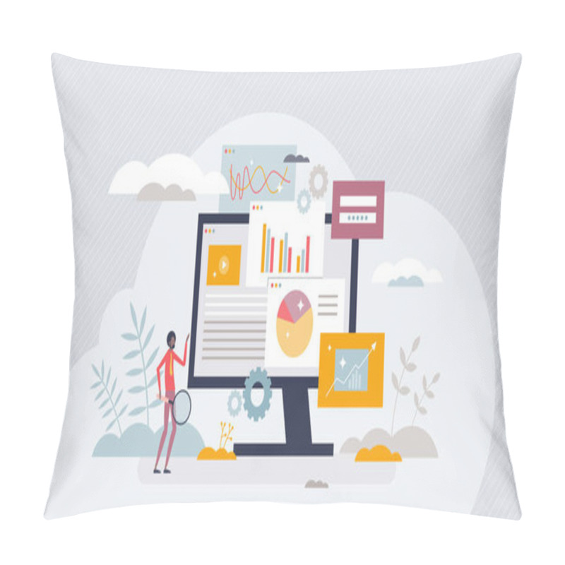 Personality  Data Dashboard With Information Charts And Analysis Tiny Person Concept. Analytic Control And Monitoring Work With Various Pie Diagrams, Schemes And Infographics Vector Illustration. Monitor Interface Pillow Covers