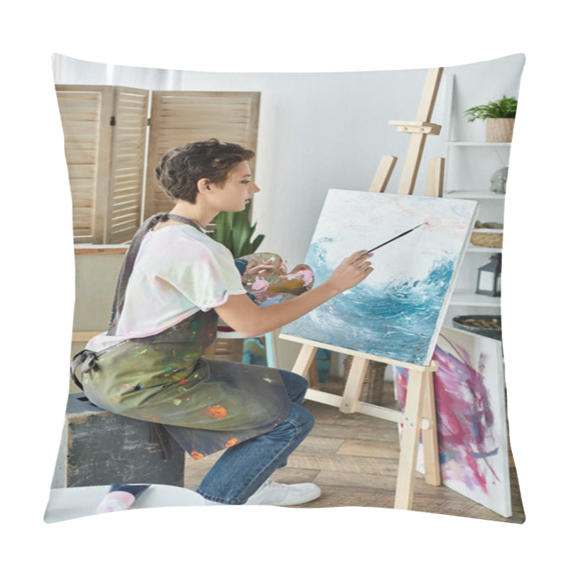 Personality  The Young Woman Engages In Her Creative Passion, Painting Waves In A Cheerful, Welcoming Space. Pillow Covers