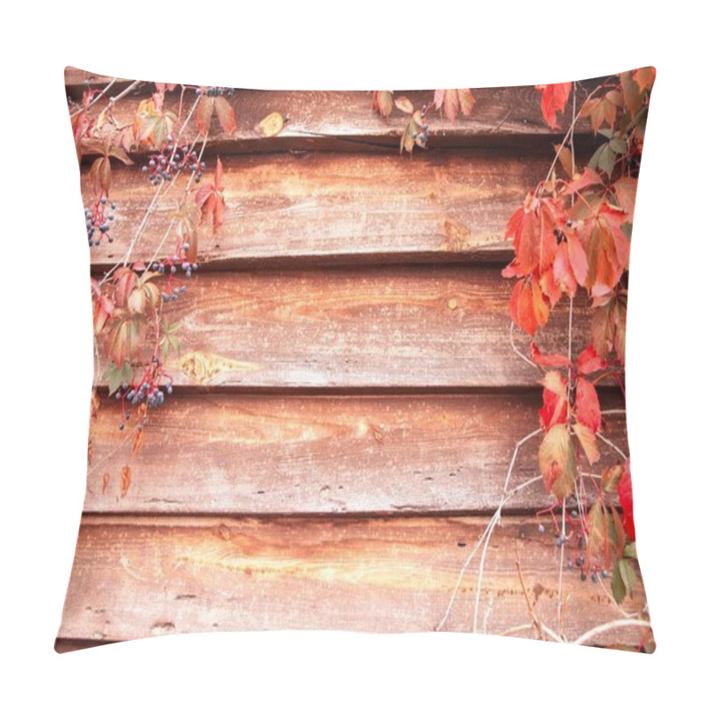 Personality  Rustic Wooden Wall With Red Autumn Leaves And Blue Berries Pillow Covers