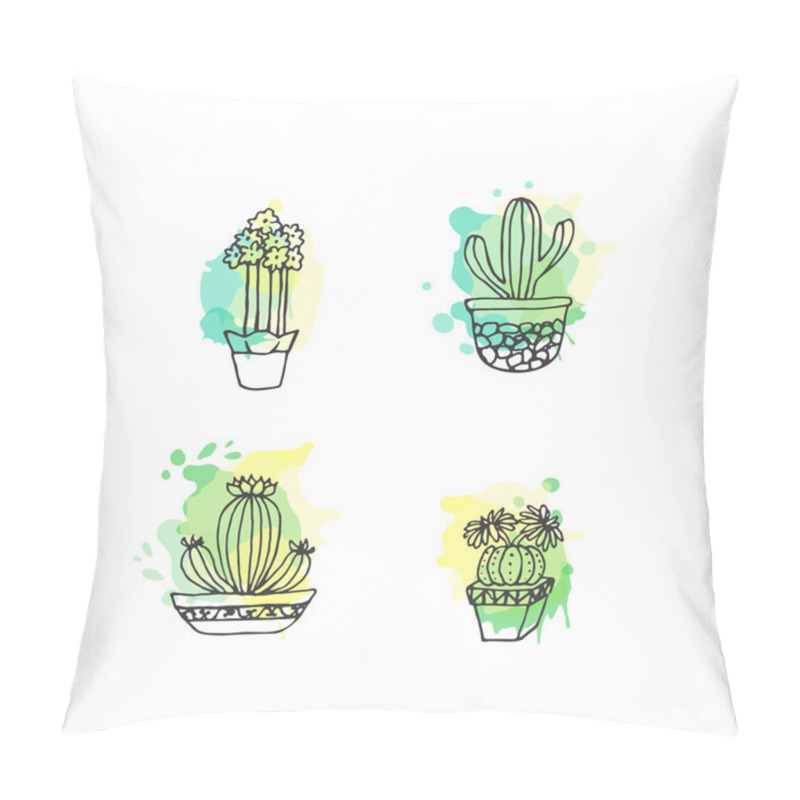 Personality  Succulent Illustration. Vector Cactus Hand Drawn Set With Paint Splashes. Cacti And In Door Plants In Pots. Pillow Covers