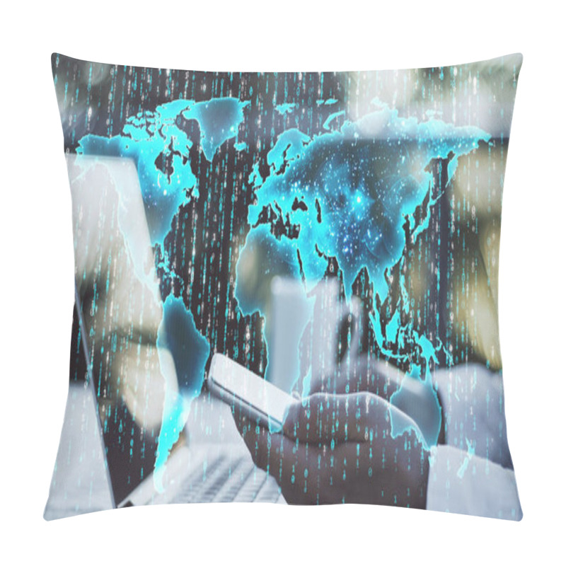 Personality  Digital Hologram Of A World Map With Binary Code Overlay, A Person Holding A Smartphone Near A Laptop, Blurred Outdoor Background, Tech Concept Pillow Covers