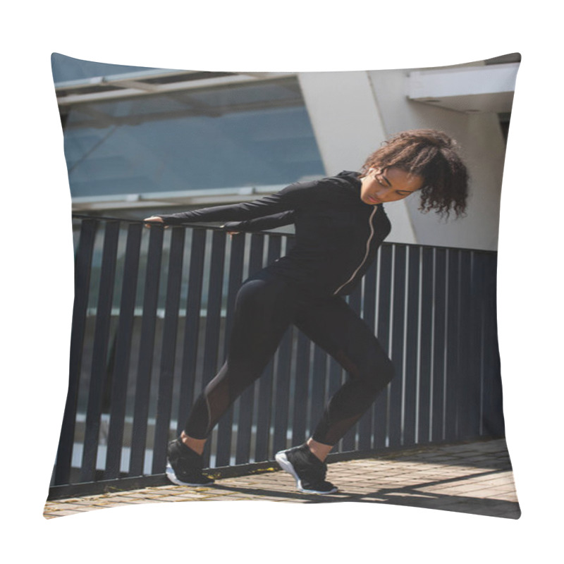 Personality  Fit African American Sportswoman In Earphone Warming Up Beside Bridge Outdoors  Pillow Covers