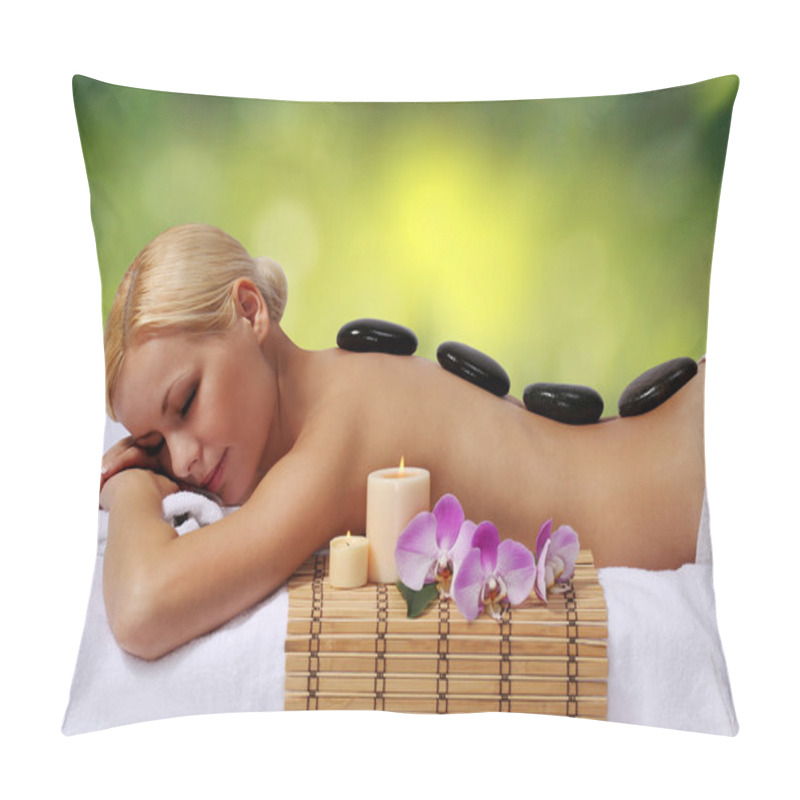 Personality  Spa Stone Massage. Blonde Woman Getting Hot Stones Massage Pillow Covers