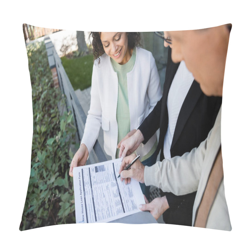 Personality  Blurred Man Signing Loan Application Near Happy African American Wife And Realtor  Pillow Covers