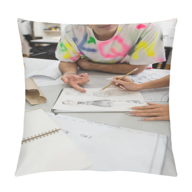 Personality  Cropped View Of Designer Pointing At Drawing Near Colleague Holding Pencil Pillow Covers