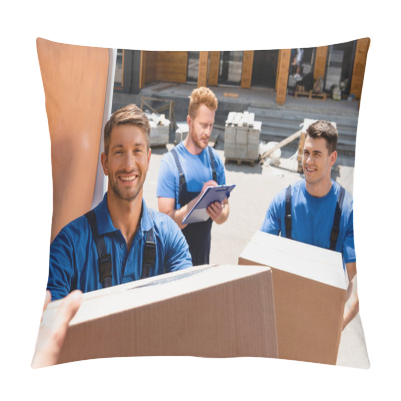 Personality  Selective Focus Of Loader Giving Cardboard Box To Colleague In Truck On Urban Street  Pillow Covers