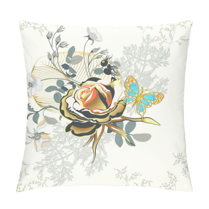 Personality  Flower Arrangement Golden Rose And Butterfly As Gold Jewelry.seamless Pattern Pillow Covers