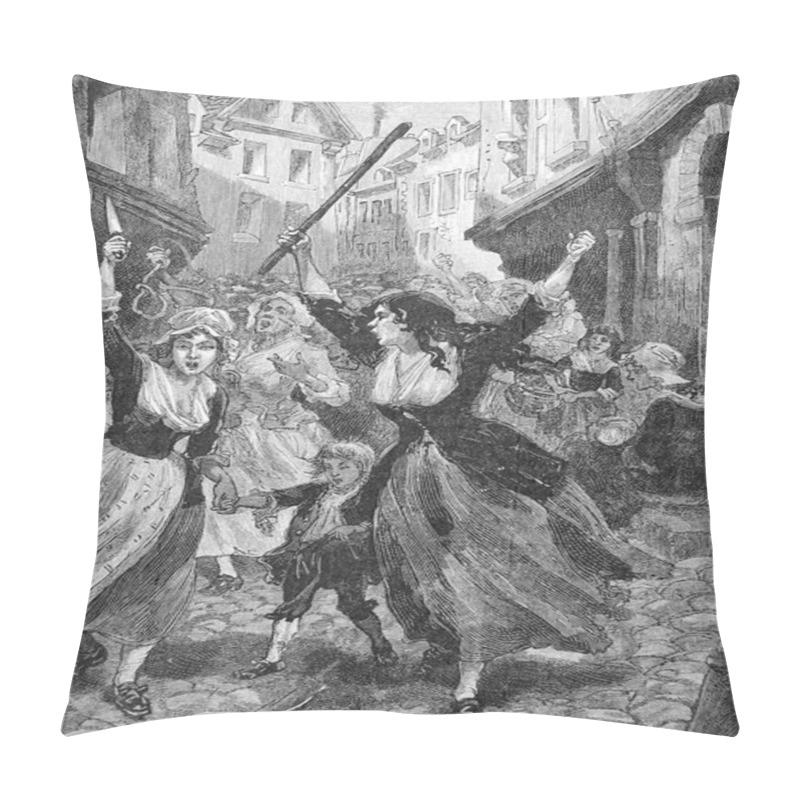 Personality  The Revolt Of The Women, Tan Old Engraving Dated One Thousand Eight Hundred Ninety ( More Than Hundred And Twenty Years Of Age) Pillow Covers