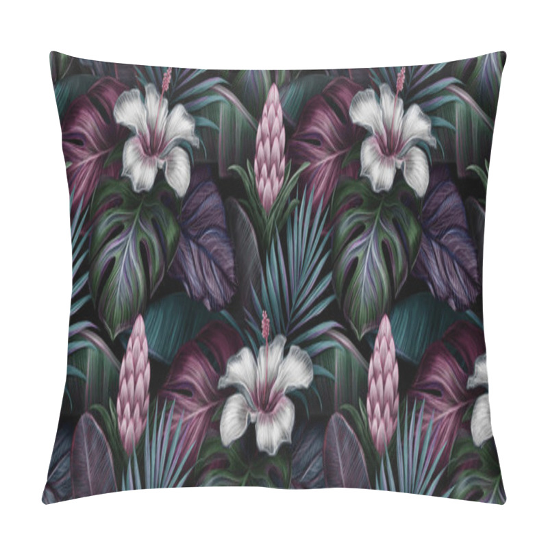 Personality  Tropical Exotic Seamless Pattern With White Hibiscus, Bromeliad, Monstera, Banana Leaves, Palm, Colocasia. Hand-drawn 3D Illustration. Good For Production Wallpapers, Gift Paper, Cloth, Fabric Printing, Goods. Pillow Covers