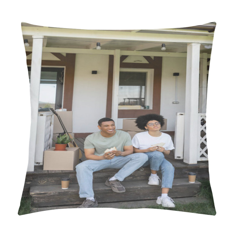 Personality  Joyful African American Couple Holding Sandwiches Near Coffee And Packages On Porch Of New House Pillow Covers