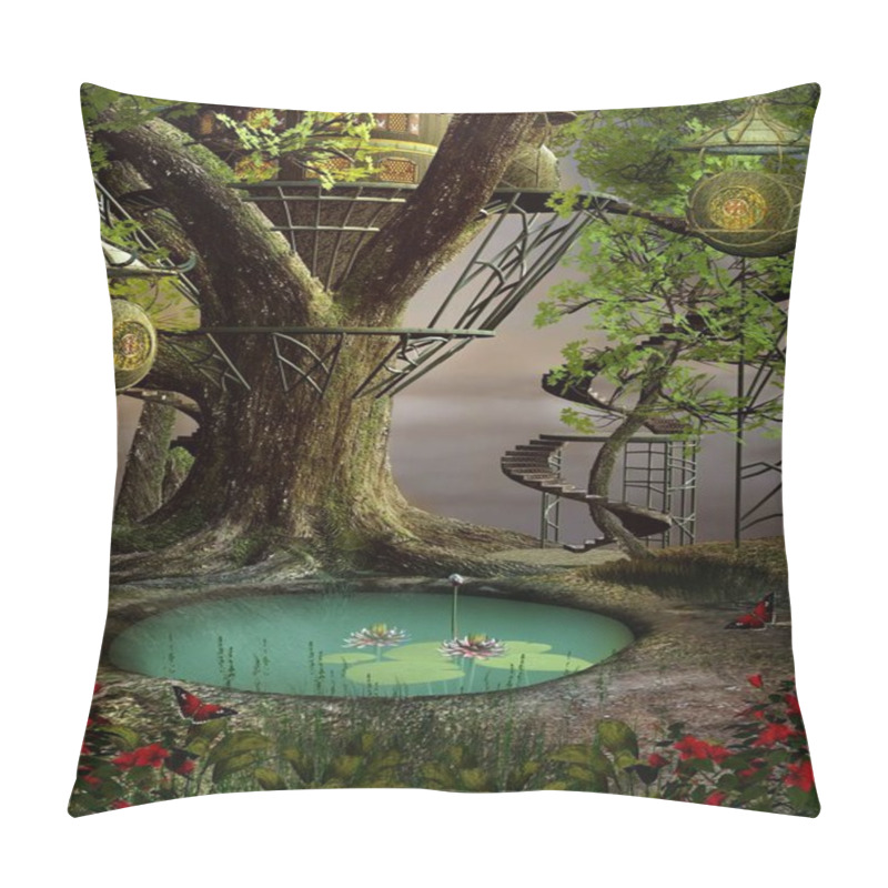 Personality  Tree House By A Green Pond  3D Illustration Pillow Covers