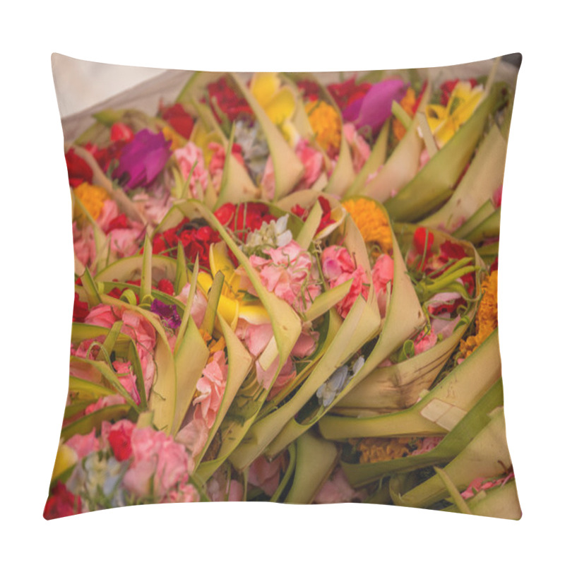 Personality  Balinese Offerings To Gods In Bali With Flowers And Aromatic Sti Pillow Covers