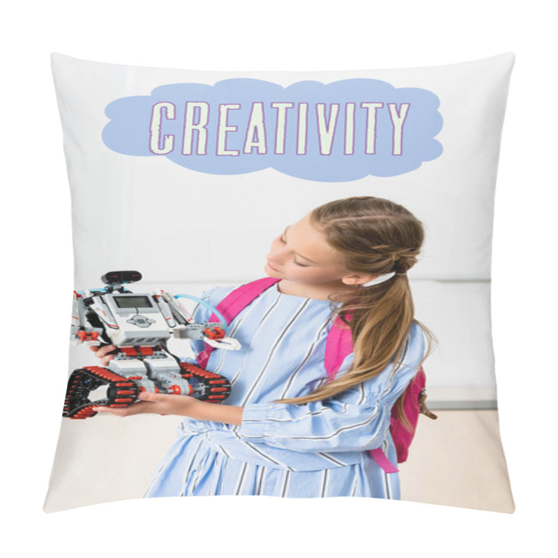 Personality  Schoolgirl Holding Robot Near Creativity Illustration  Pillow Covers