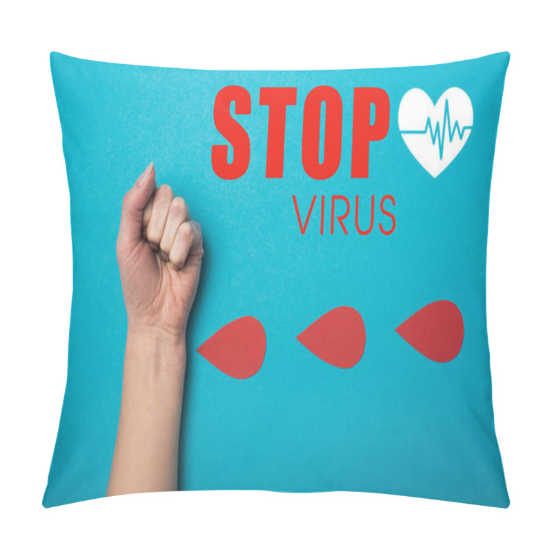 Personality  Top View Of Paper Drops Of Blood Near Female Fist On Blue Background, Stop Virus Illustration  Pillow Covers