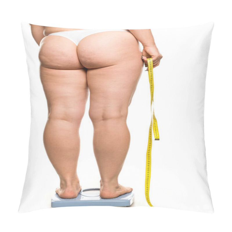 Personality  A Fat Woman Stands On A Scales And Holds A Measuring Tape On White Background Pillow Covers