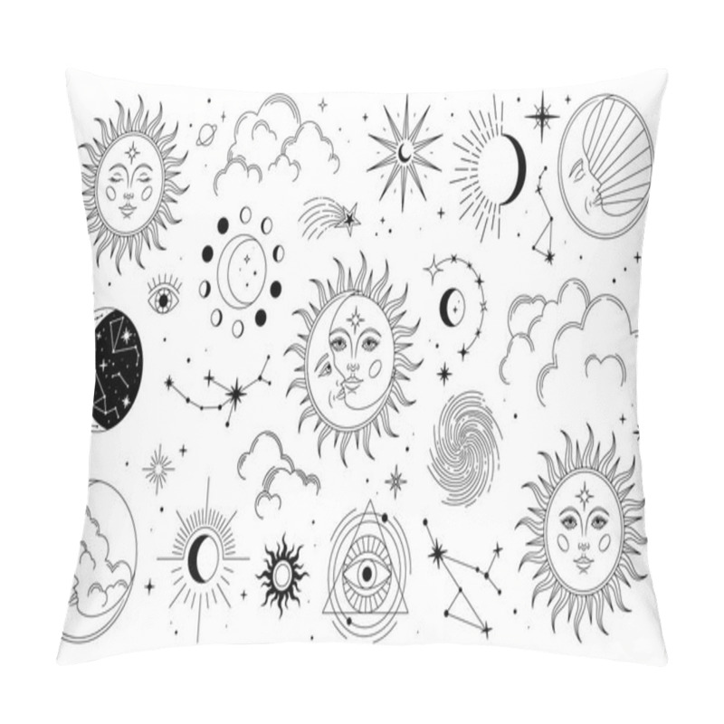 Personality  Set Of Sun, Moon, Stars, Clouds, Constellations And Esoteric Symbols. Alchemy Mystical Magic Elements For Prints, Posters, Illustrations And Patterns. Black Spiritual Occultism Objects Pillow Covers